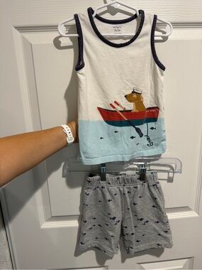 Carter's White, Light Blue & Red Dog Boat Tank and Gray Fish-Print Shorts Set